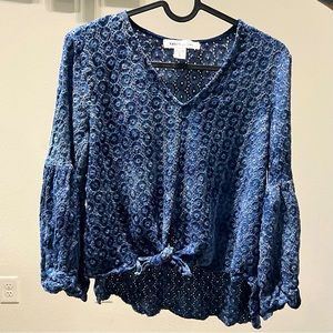Karen Kane Long Sleeve Tie-front Top, Eyelet Cut out Bohemian Bell Sleeves Small
